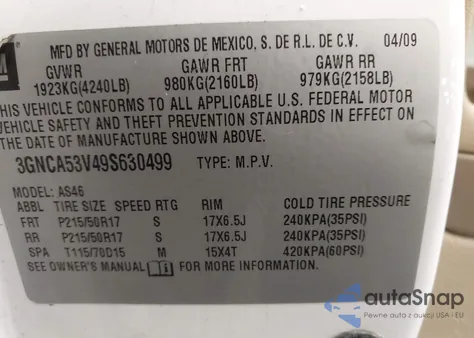 2009 Chevrolet Hhr Lt из США, поврежденный, VIN 3GNCA53V49S630499